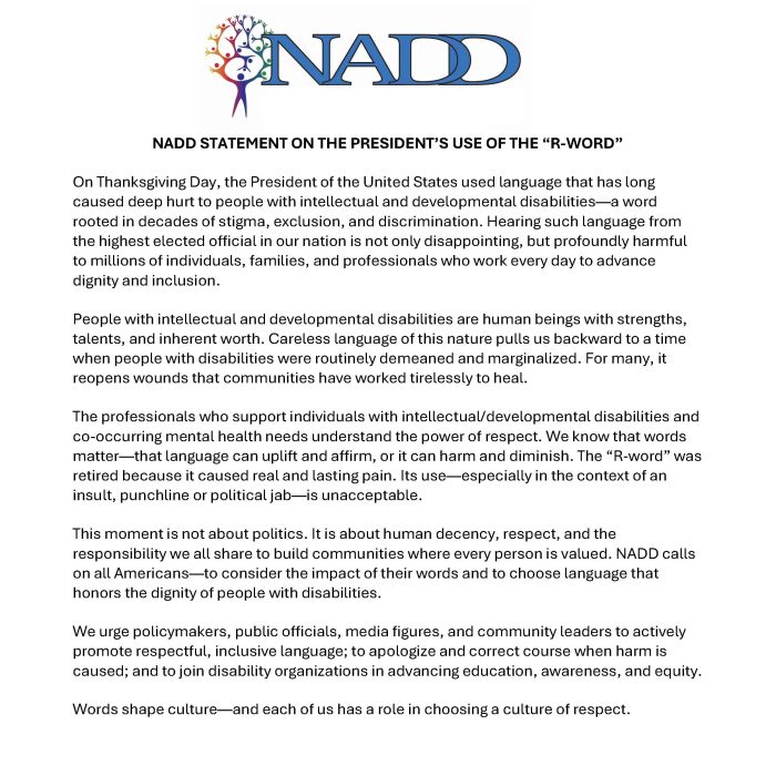 NADD STATEMENT ON THE PRESIDENT’S USE OF THE “R-WORD”